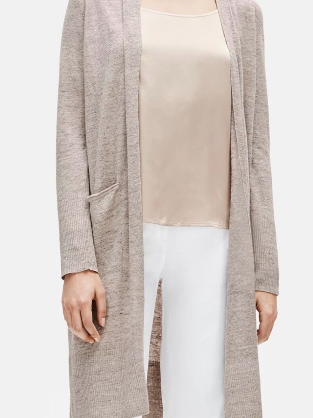 Eileen Fisher Shimmer Taupe Open-Front Women's Long Cardigan Sweater large